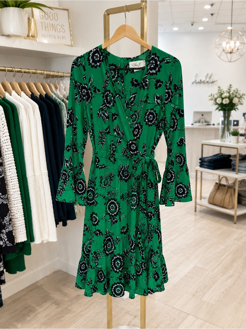 Eliza J Green Floral Faux Wrap Bell Sleeve Dress Size 10 Tie Waist Ruffle Hem - Picture 2 of 13
